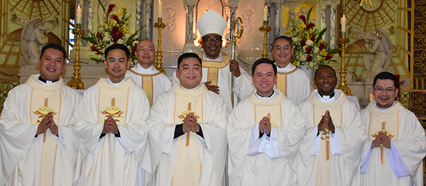 Back row (l to r): Father vanThanh Nguyen SVD, Bishop J. Terry Steib SVD and Provincial Father Quang Duc Dinh SVD. Front Row (l to r): Fathers Tuan Hoang SVD, Truong Le SVD, Viet Hoang SVD, Vu Do SVD, Raymond Akumbilim SVD and Benjamin Le SVD. Ordination_2018_main_page_600_wide